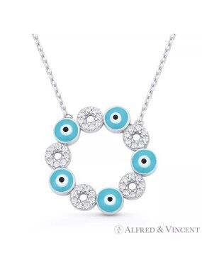 Evil Eye Enamel & CZ Crystal 20mm Pendant Turkish Nazar Sterling Silver Necklace